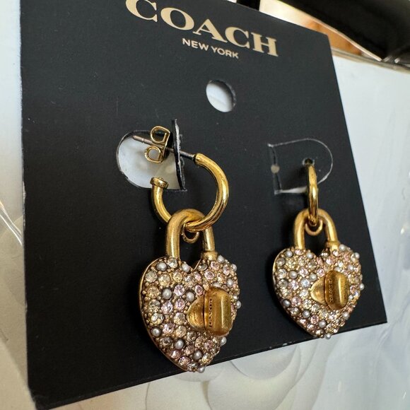 Coach Heart Turnlock Pavé Huggie Earrings (Gold/Pink Multi) - NWT - Picture 6 of 9